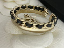 Load image into Gallery viewer, Chanel 22P Gold Hoop Black Leather CC Earrings
