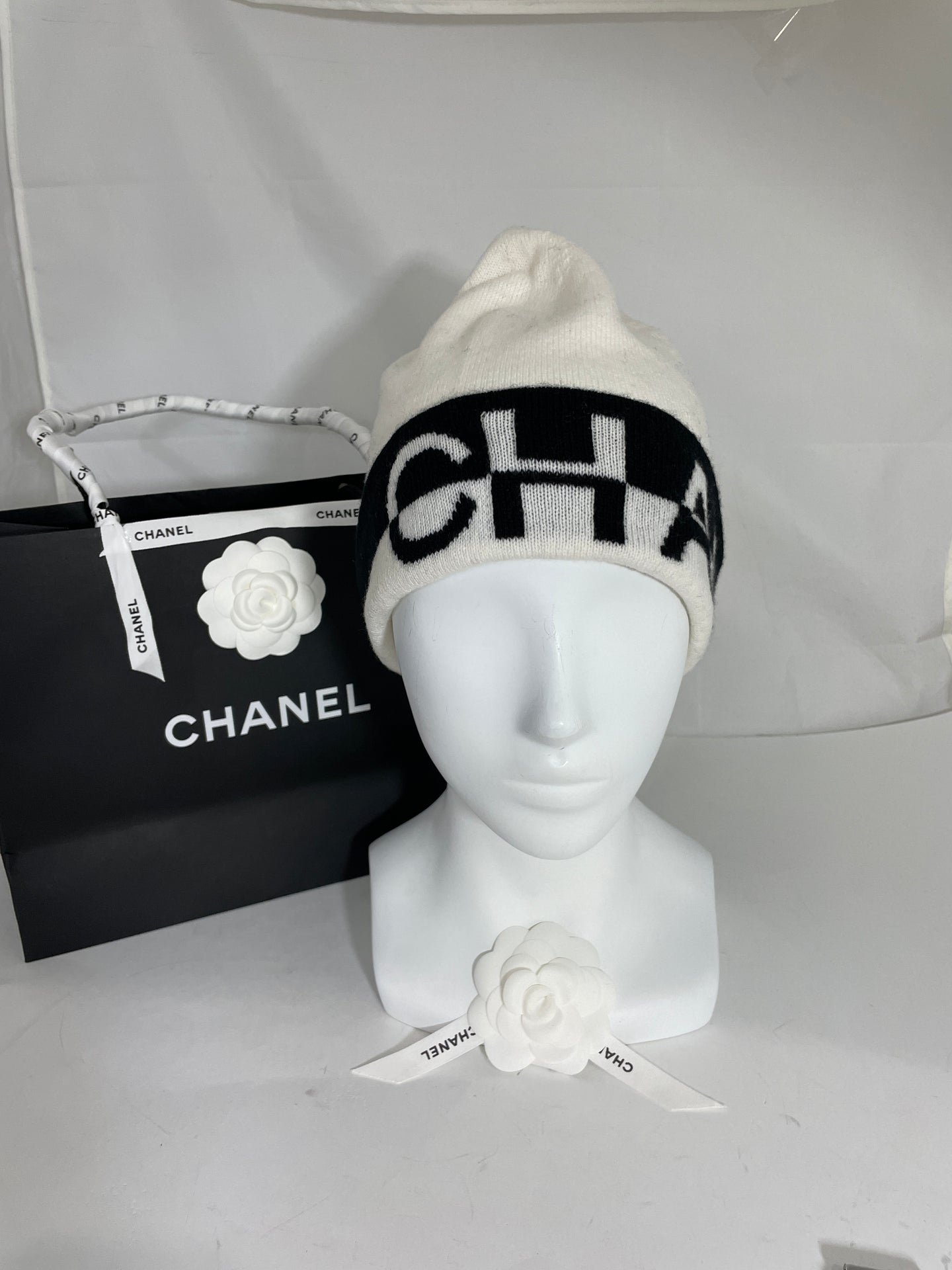 Chanel White Cashmere Color Block Hat