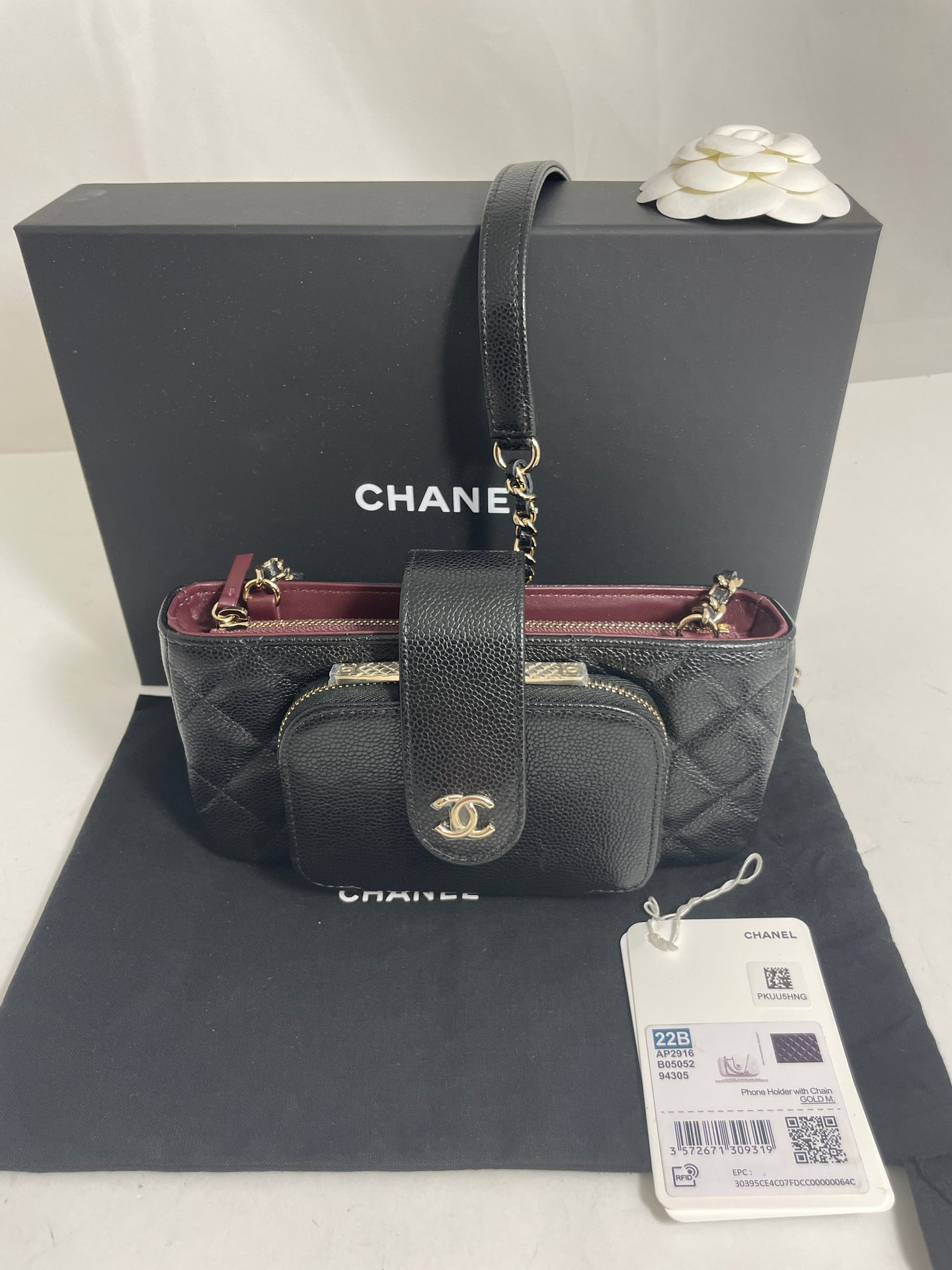 Chanel 22B Black Caviar Leather Crossbody Phone Bag