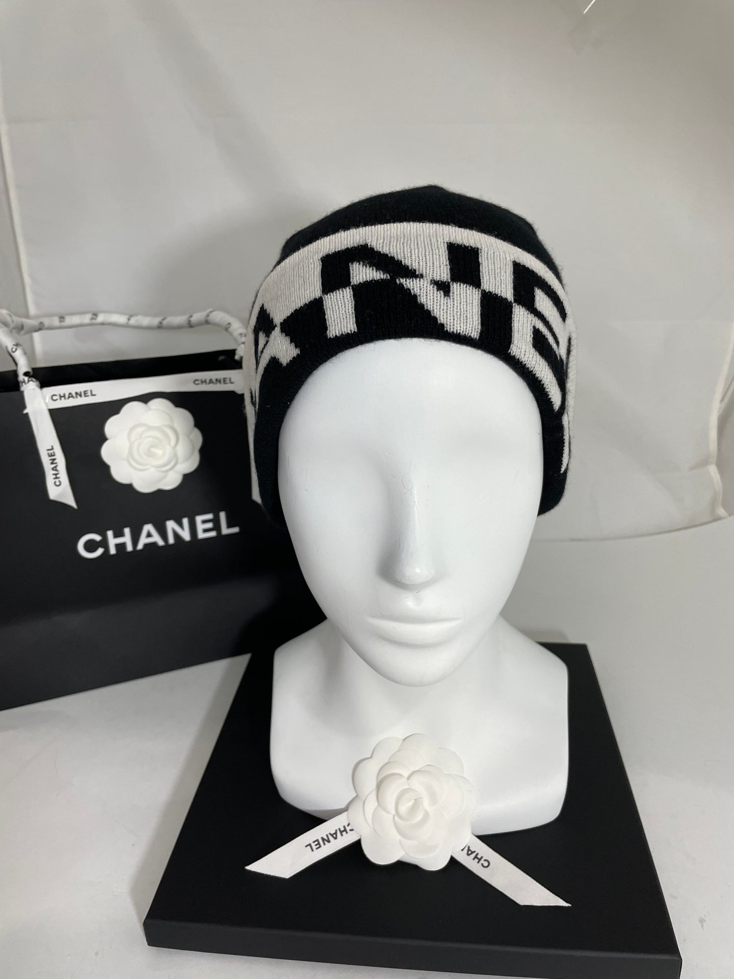Chanel Black Cashmere With White Block Print Hat