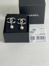 Load image into Gallery viewer, Chanel 22 CC Crystal Silver Tone Pearl Drop Earrings
