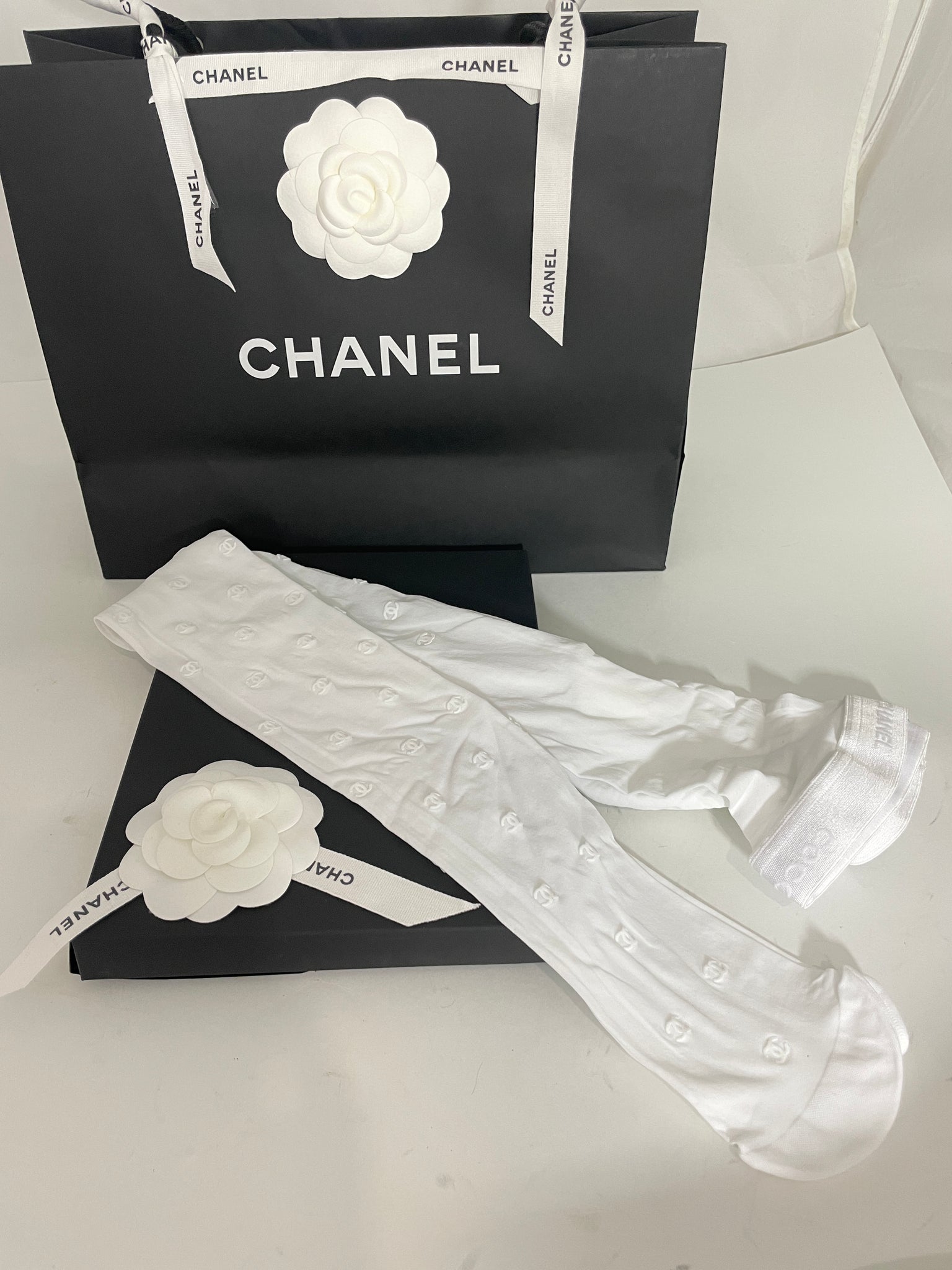 Chanel Rev Runway White CC Tights Sheer Hosiery S