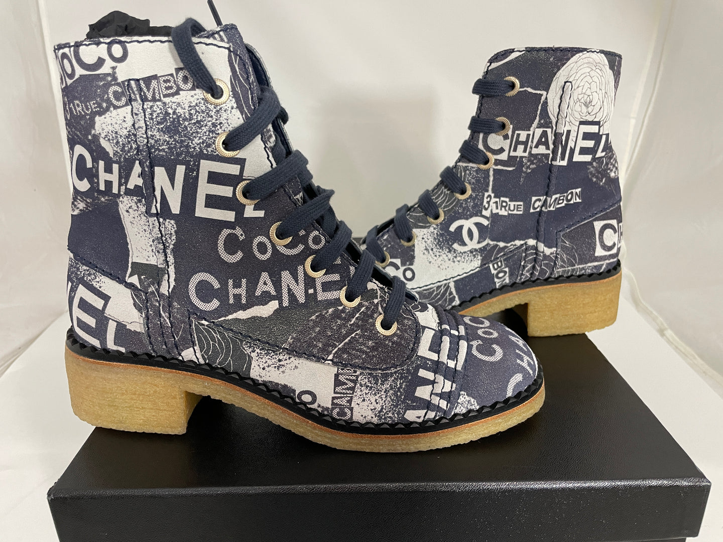 Chanel 20P Printed Suede Coco Lace Up Combat Booties