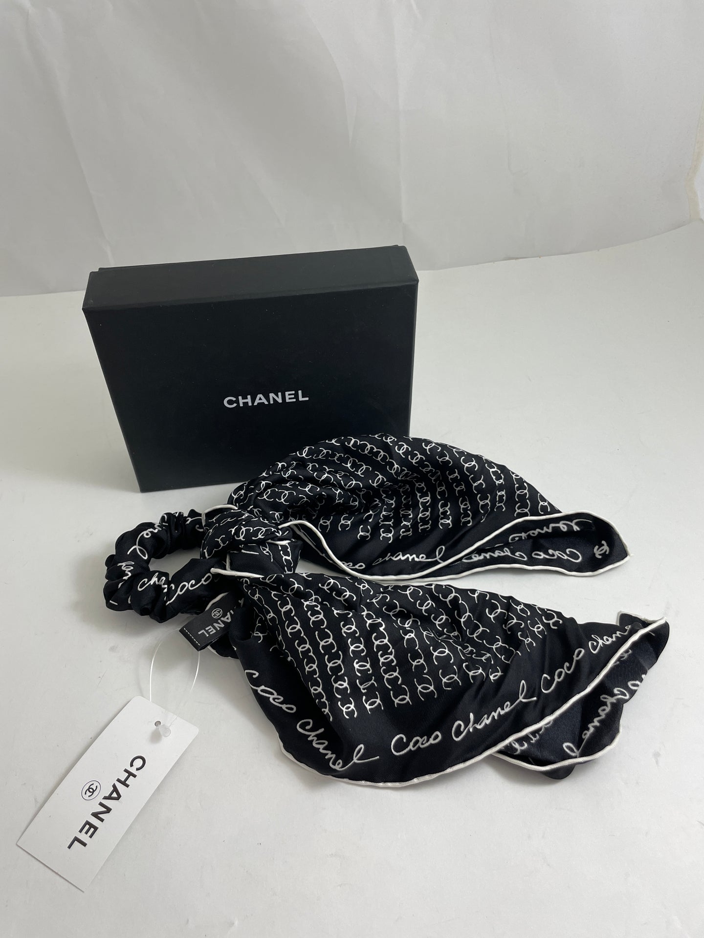 Chanel Black With White Coco Chanel Silk Scarf Hair Scrunchie
